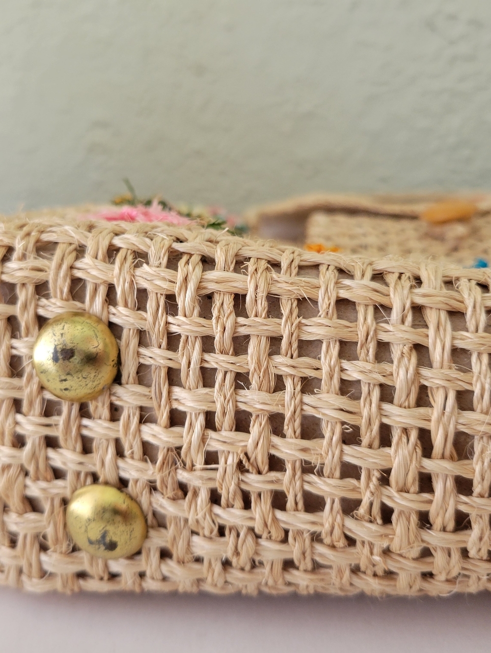 Vintage Woven Straw Raffia Bag Embroidered Floral Tyler Made In Phillipines - Picture 10 of 16